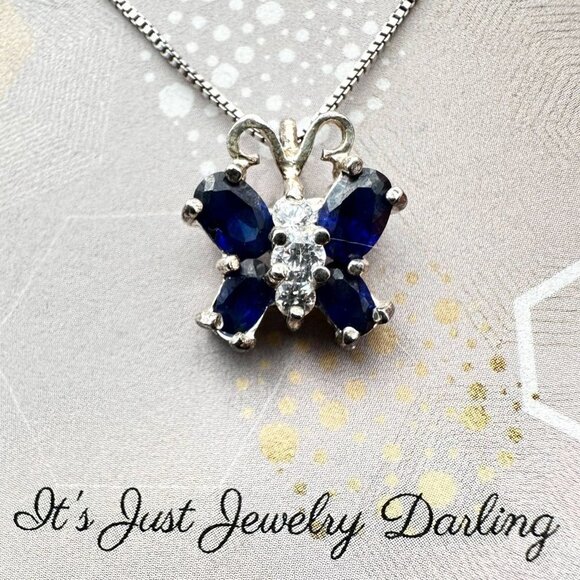 Womans Necklace Sterling Silver Blue Clear Cubic Zirconia Butterfly Gift Idea - Picture 1 of 3